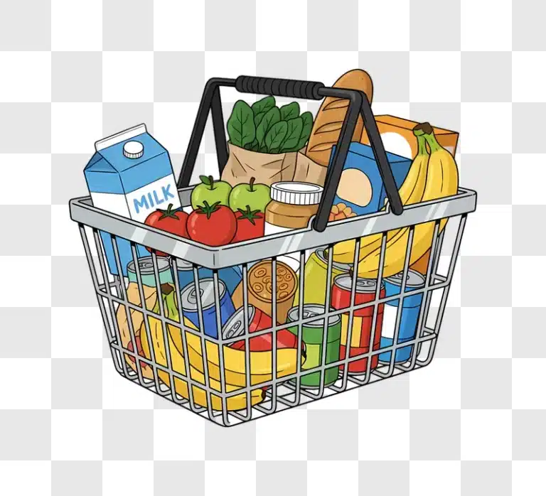 grocery basket full of fresh food and drinks edited
