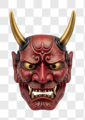 japanese oni mask red and gold horns fierce expression