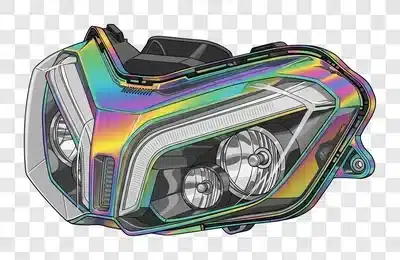 modern motorcycle headlight with iridescent chrome finish