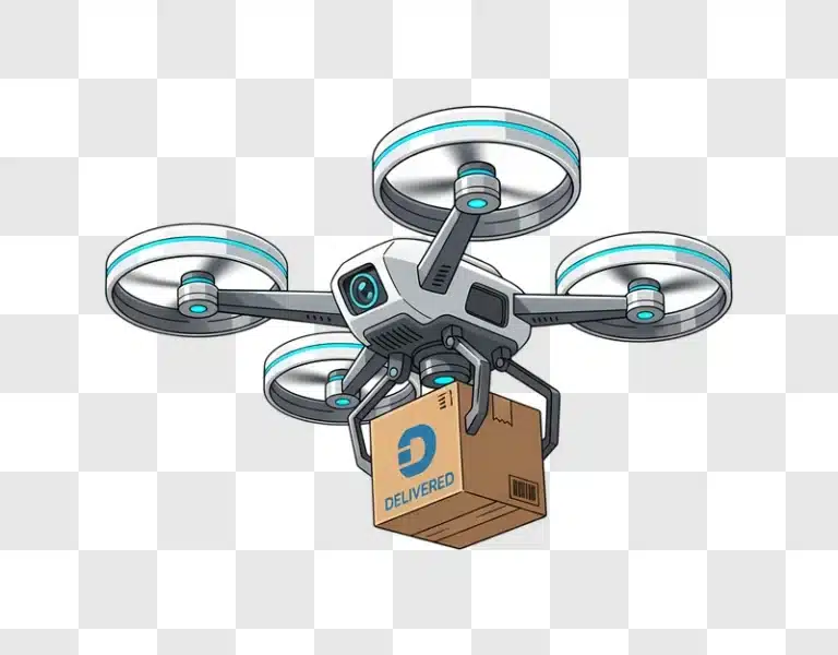 modern drone delivering a package with a camera and four propellers edited