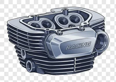 motorcycle engine cylinder head with racing emblem
