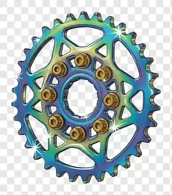 motorcycle sprocket with rainbow oil slick finish and gold bolts