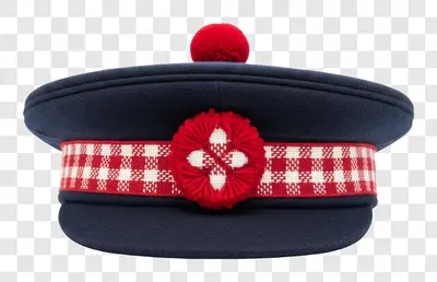 navy blue cap with red and white gingham ribbon and red pom pom