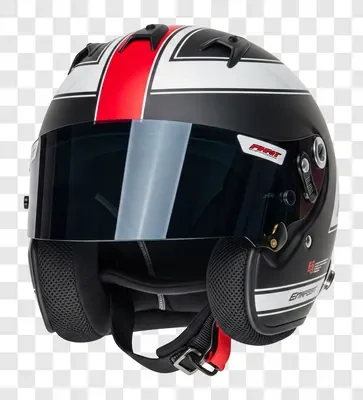 racing helmet with a dark visor and red and white stripes