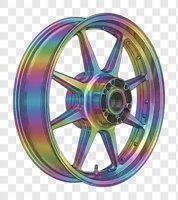 rainbow colored motorcycle wheel with ten spokes