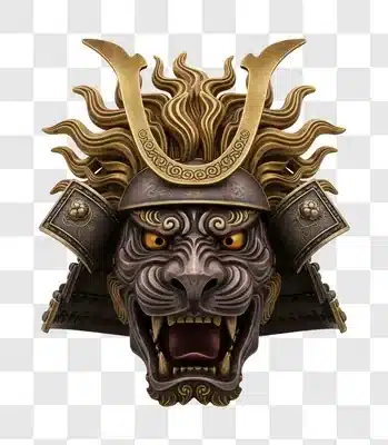 samurai tiger warrior mask with golden helmet and fierce expression