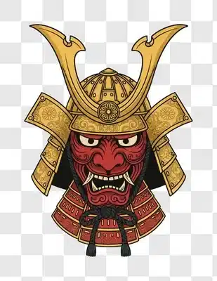 samurai warrior mask with golden helmet and red face