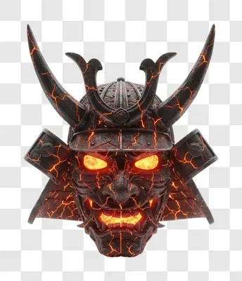 scary samurai mask with glowing eyes and fiery details