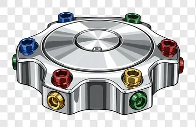 shiny metal hubcap with colorful bolts