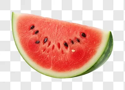 slice of juicy red watermelon with black seeds and green rind