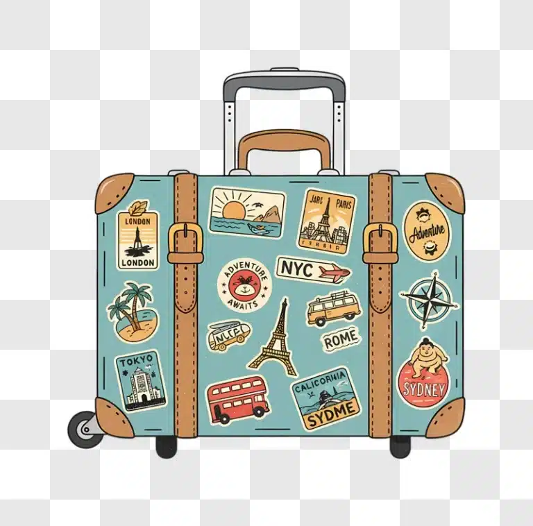 vintage suitcase covered in travel stickers from around the world edited
