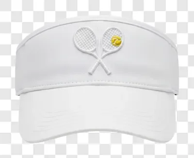 white tennis visor with crossed rackets and tennis ball logo