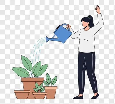 woman watering plants in pots with a watering can
