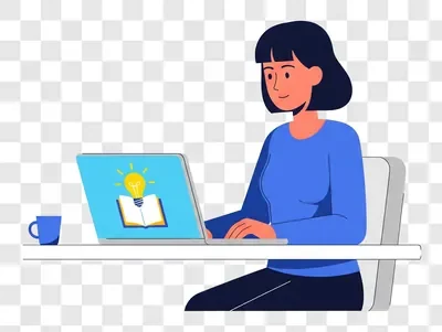 young woman focused on laptop screen with educational icon and coffee cup