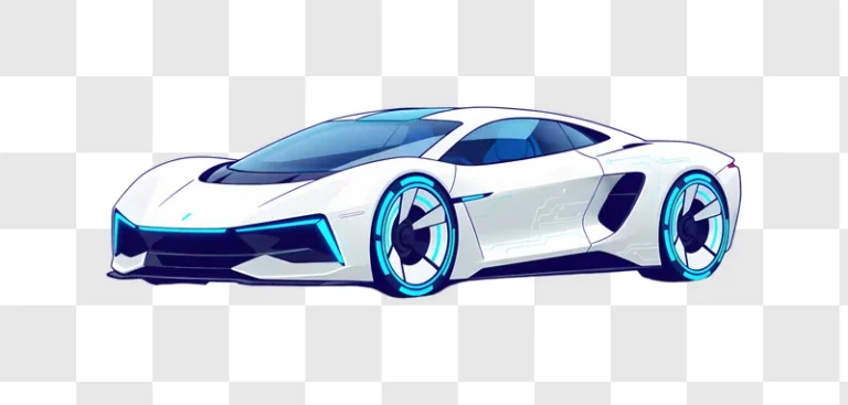 futuristic white sports car with blue neon accents edited