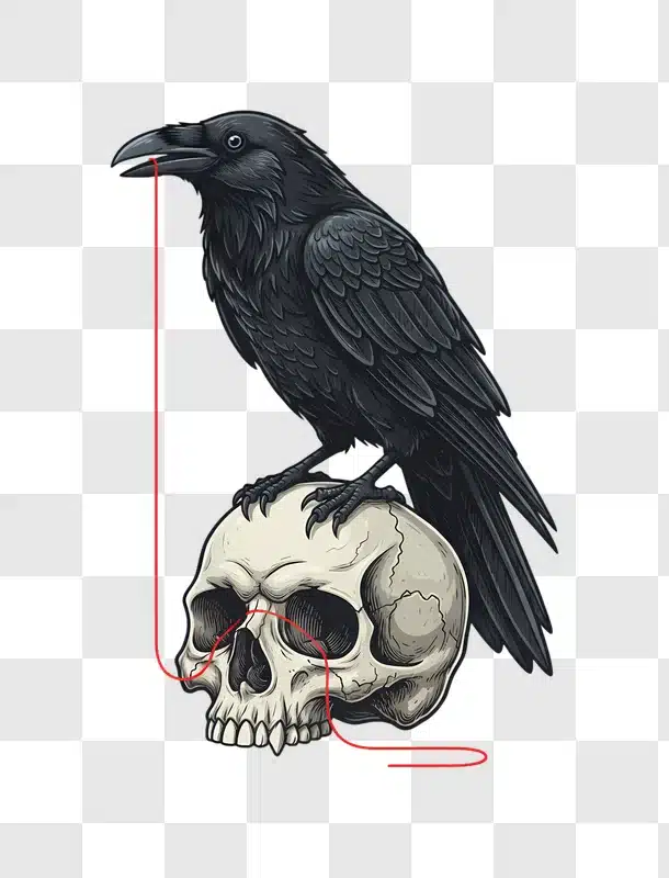 a black raven perched on a human skull with a red string edited