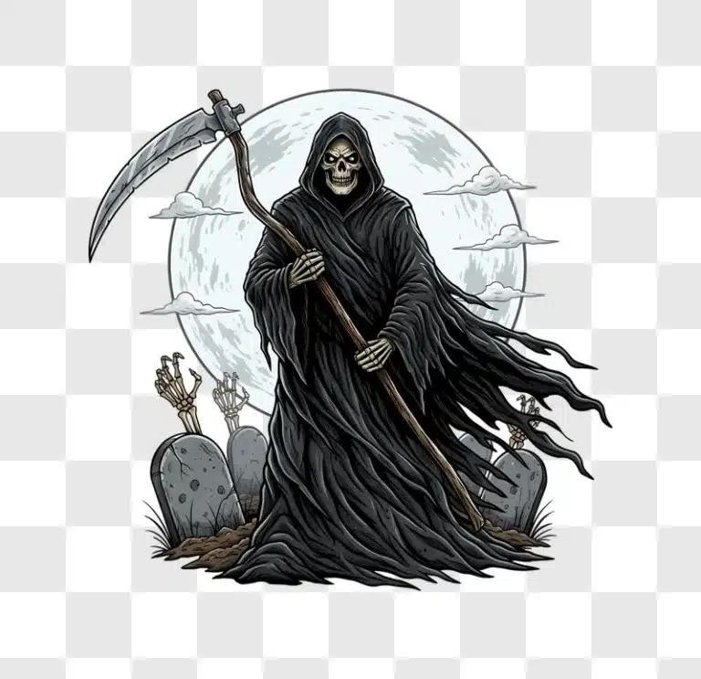 angel of death standing on a grave with a sharp scythe edited