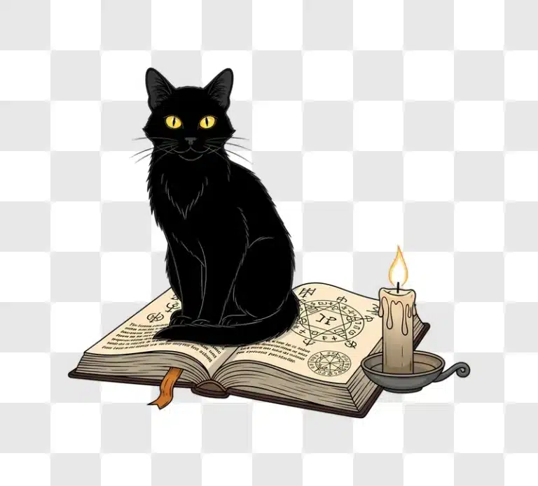 black cat sitting on ancient spell book with burning candle edited