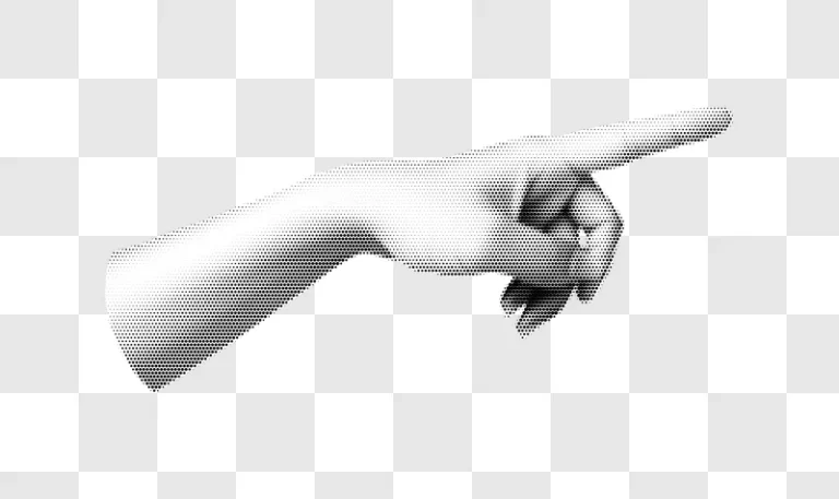 black and white engraving style illustration of a human hand pointing finger edited