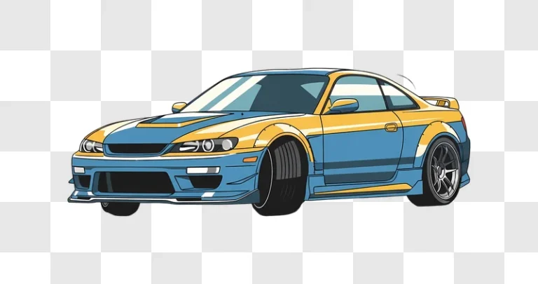 blue and yellow jdm tuned car illustration edited