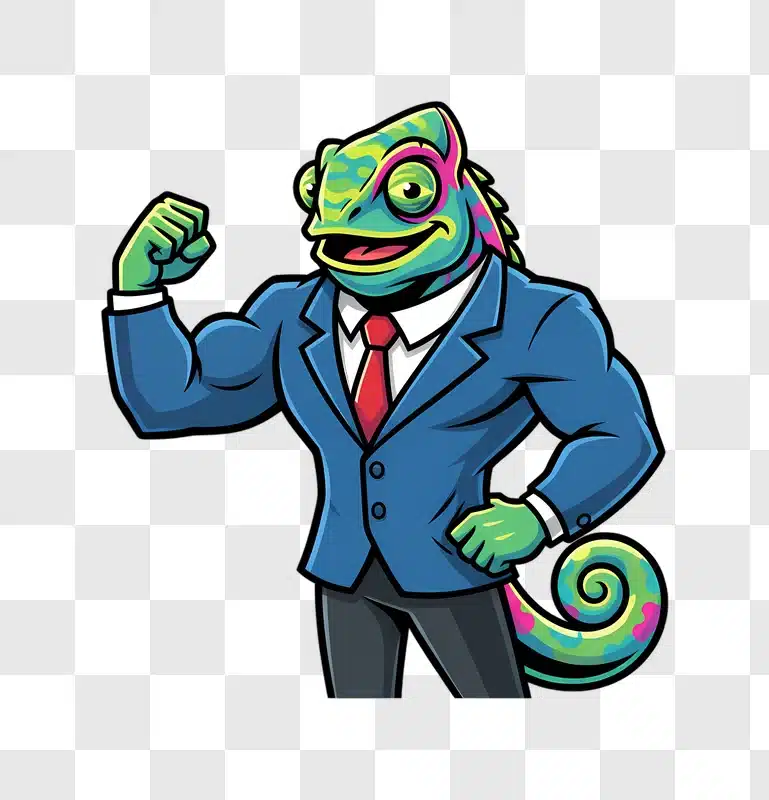 business chameleon flexing bicep cartoon mascot edited