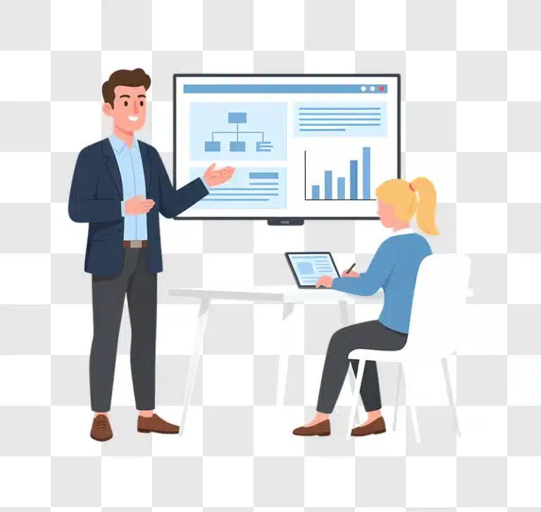 business meeting with presentation on screen and tablet edited