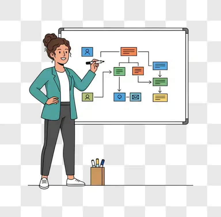 businesswoman drawing a flowchart on a whiteboard edited