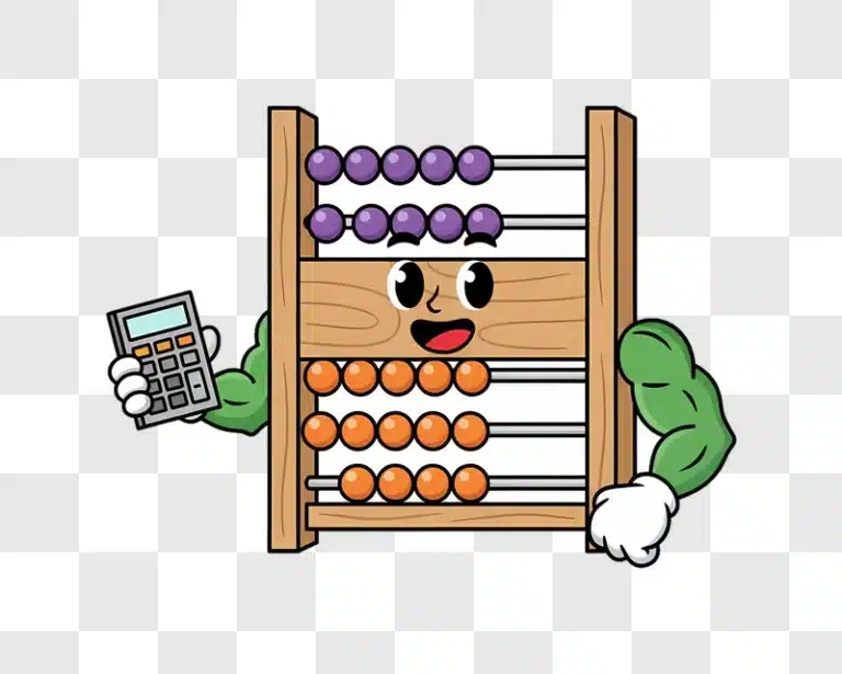 cartoon abacus character holding calculator with muscular arms edited