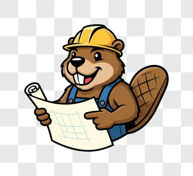 cartoon beaver construction worker holding blueprint plan edited