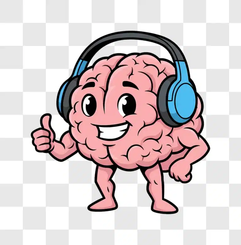 cartoon brain character wearing headphones giving thumbs up edited