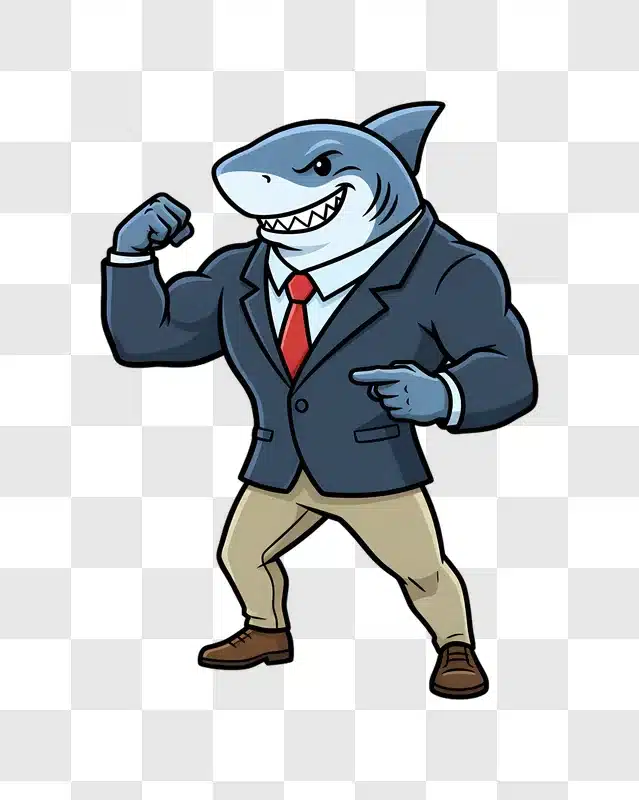 cartoon business shark flexing biceps and pointing edited