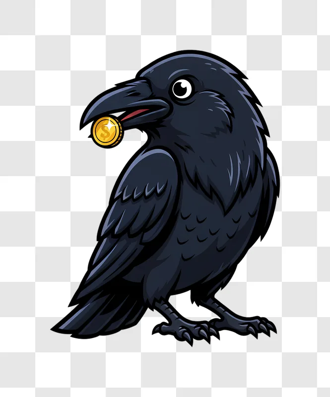 cartoon crow holding gold coin in beak edited