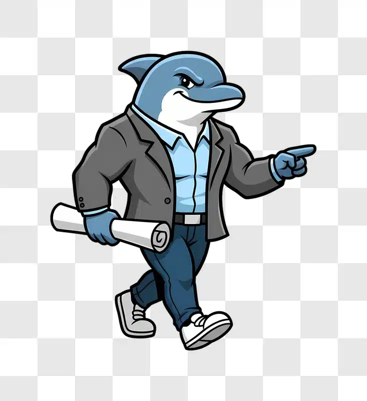cartoon dolphin businessman holding blueprint pointing forward edited