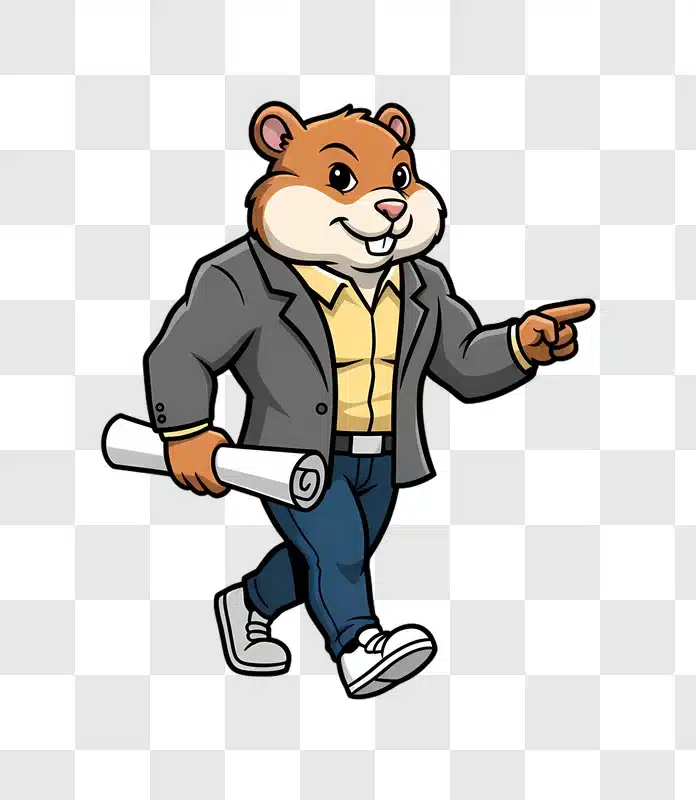 cartoon hamster businessman holding blueprint pointing forward edited