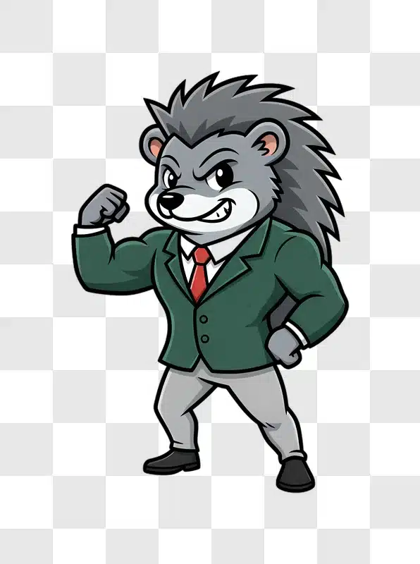 cartoon hedgehog business mascot flexing biceps edited