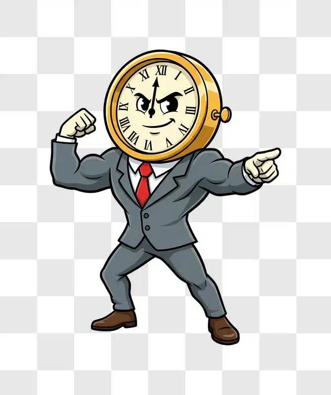 cartoon man with clock head flexing muscles and pointing edited