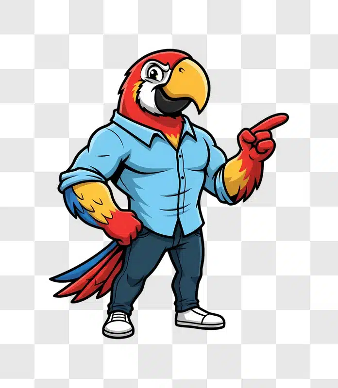cartoon muscular parrot mascot pointing edited