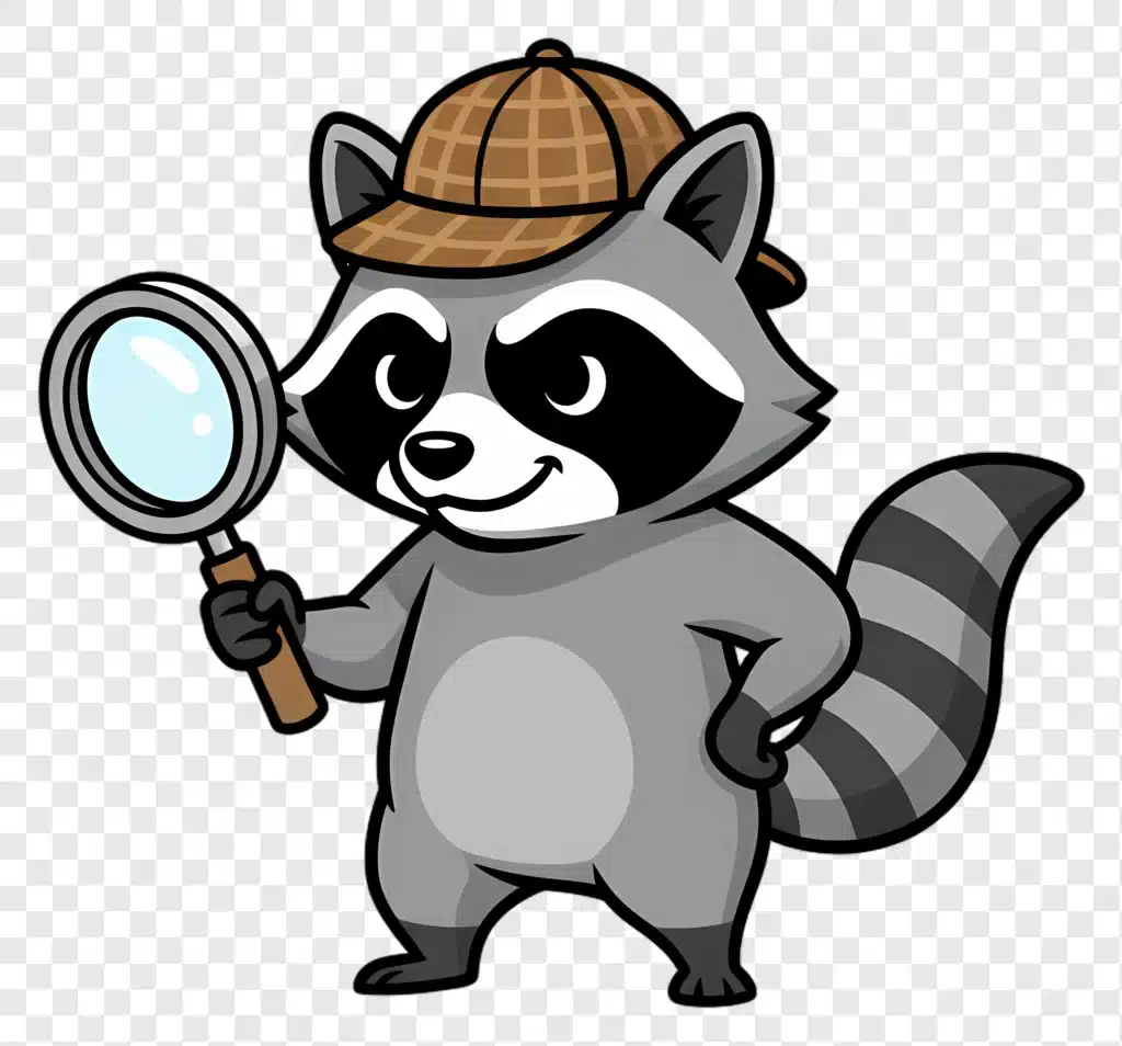 cartoon raccoon detective holding magnifying glass edited