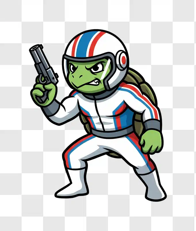 cartoon turtle character wearing racing suit and holding gun edited