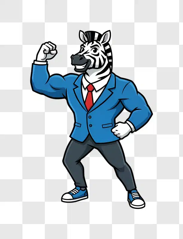 cartoon zebra business mascot flexing biceps edited