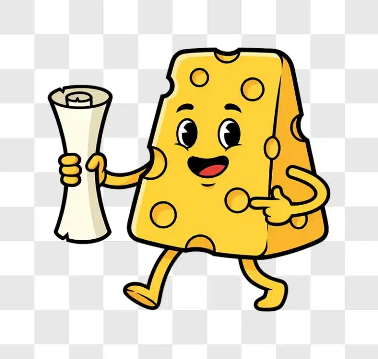 cartoon cheese character holding a scroll and pointing edited