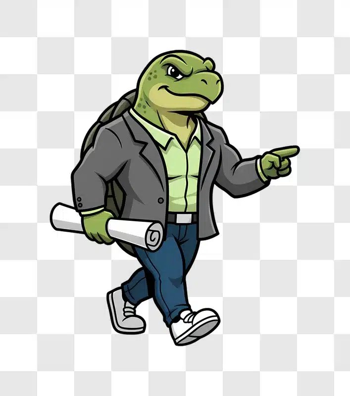 cartoon turtle businessman holding a scroll and pointing edited