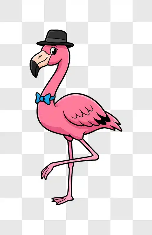 charming pink flamingo mascot wearing fedora hat and blue bowtie edited