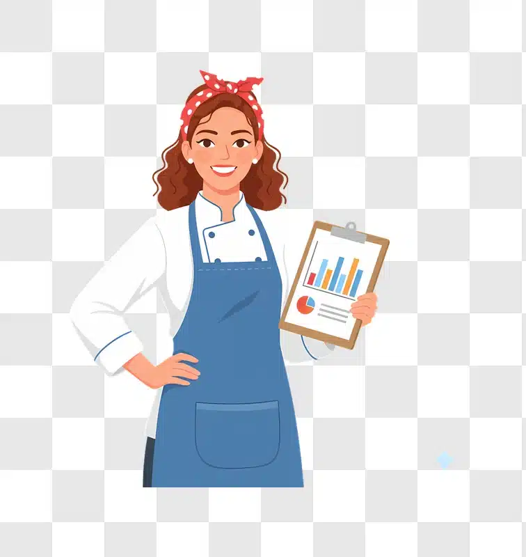 chef woman holding clipboard with business chart and graphs edited