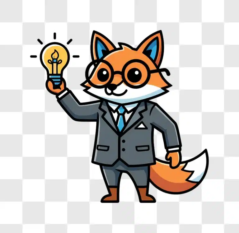 clever fox in a suit holding a bright idea lightbulb edited