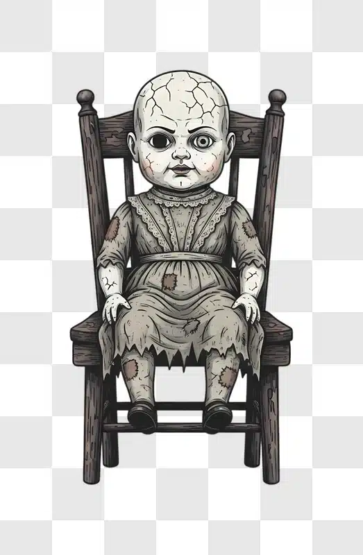 creepy old doll sitting on a wooden chair edited