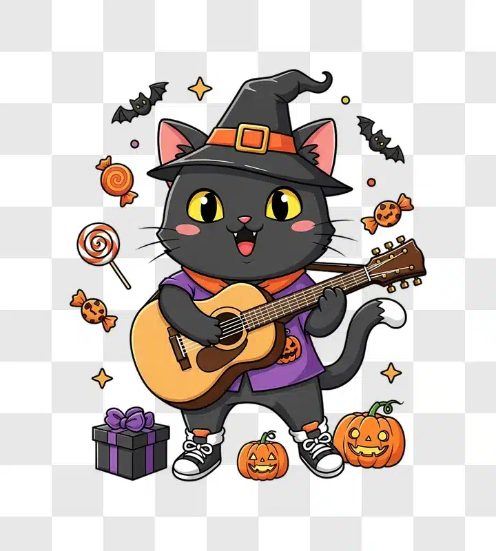 cute black cat playing guitar on halloween edited