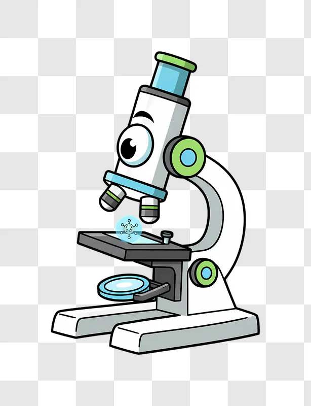 cute cartoon microscope character looking through eyepiece edited