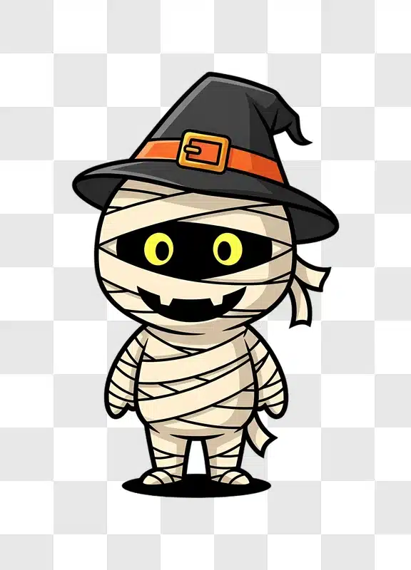 cute cartoon mummy wearing witch hat halloween character edited