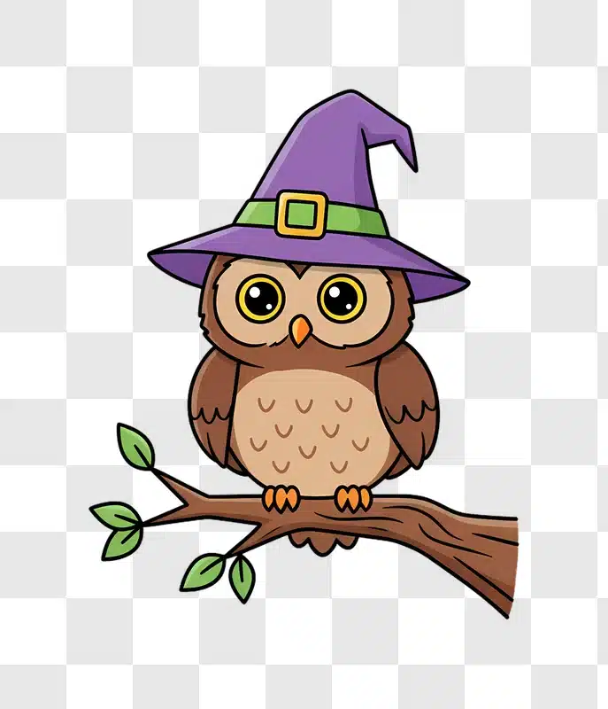 cute cartoon owl wearing a witch hat sitting on a tree branch edited